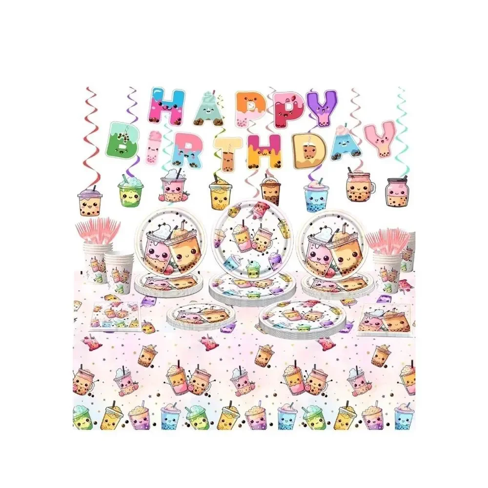 Boba Tea Party Decorations,Bubble Tea Birthday Tableware Set Include Plates Cups